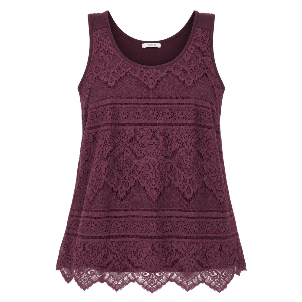 Maurices Burgundy Floral Lace Overlay Sleeveless Scalloped-Hem Top